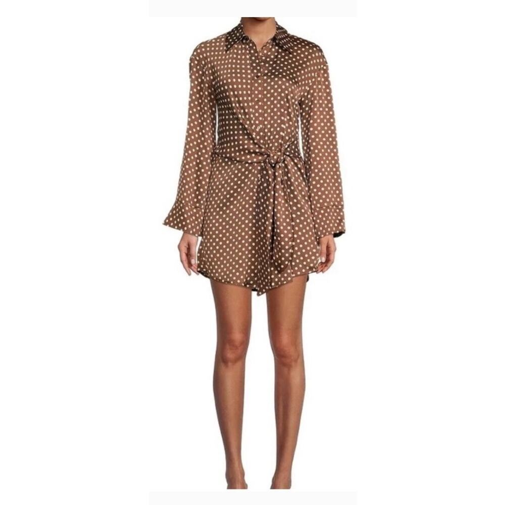 Giani Bini Mina Pebble Crepe Button Front Collar Lg Sleeve Tie Waist Shirt Dress
